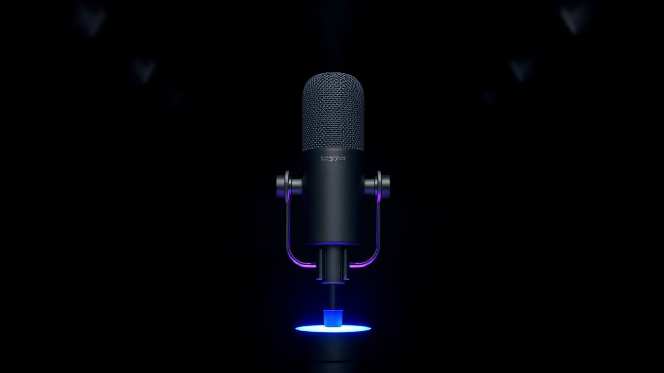 Branded voice AI microphone with glowing lights.