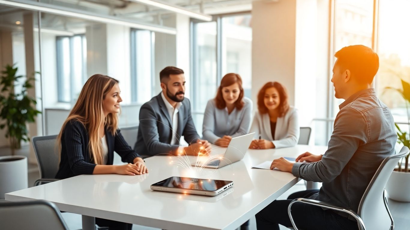 Team collaborating with AI technology