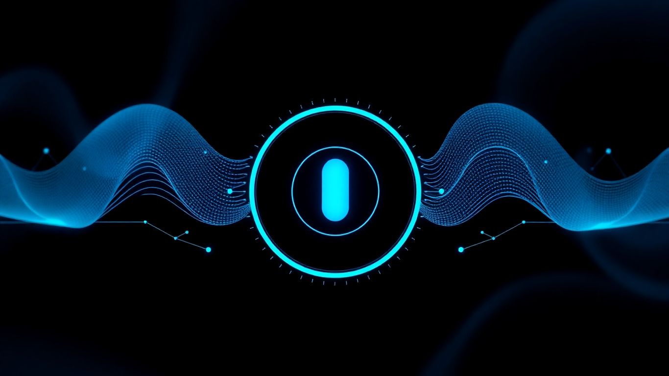 AI voice agent interface with blue digital waveforms.