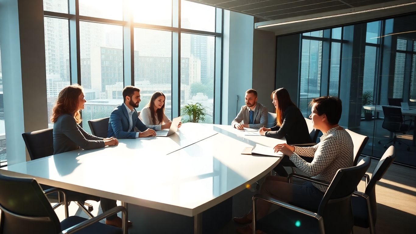 Business people discussing AI voice agent solutions.