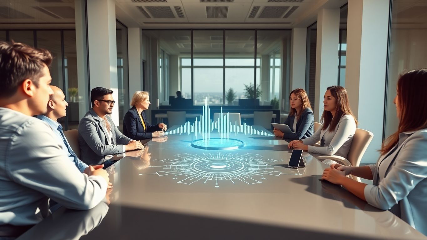 Business people discussing AI voice agent solutions.