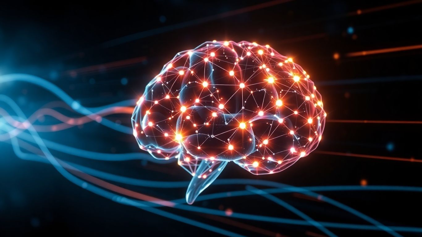 Futuristic brain with light trails, AI concept.