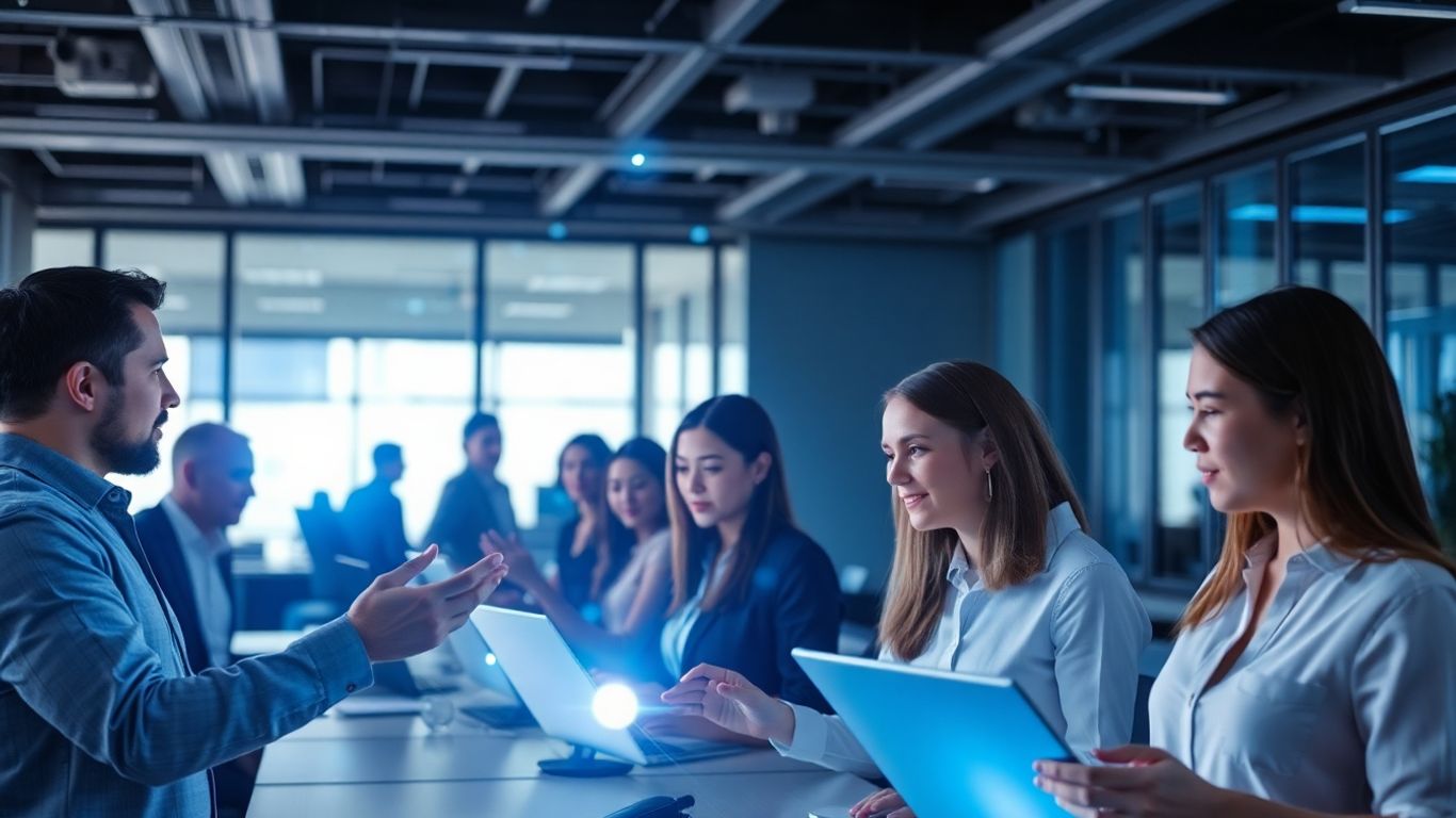 Business professionals interacting with holographic AI interfaces.