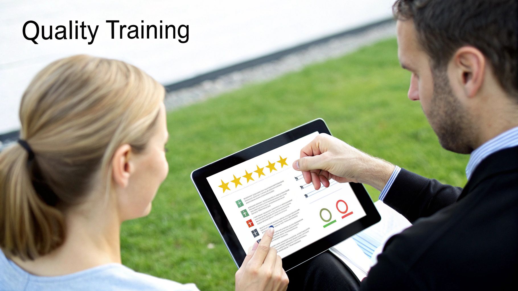 A team of call center agents reviewing performance data on a large screen