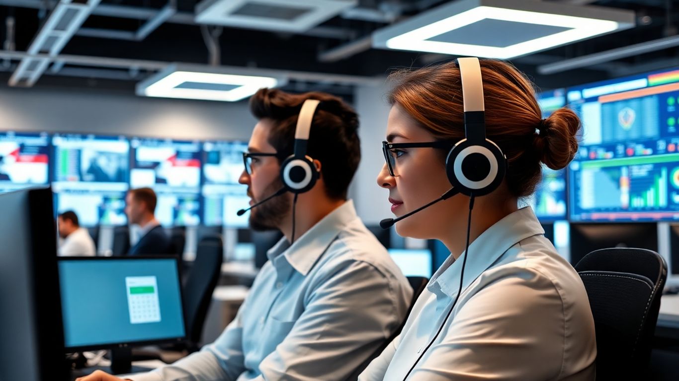 Call center agents using computers and headsets at work
