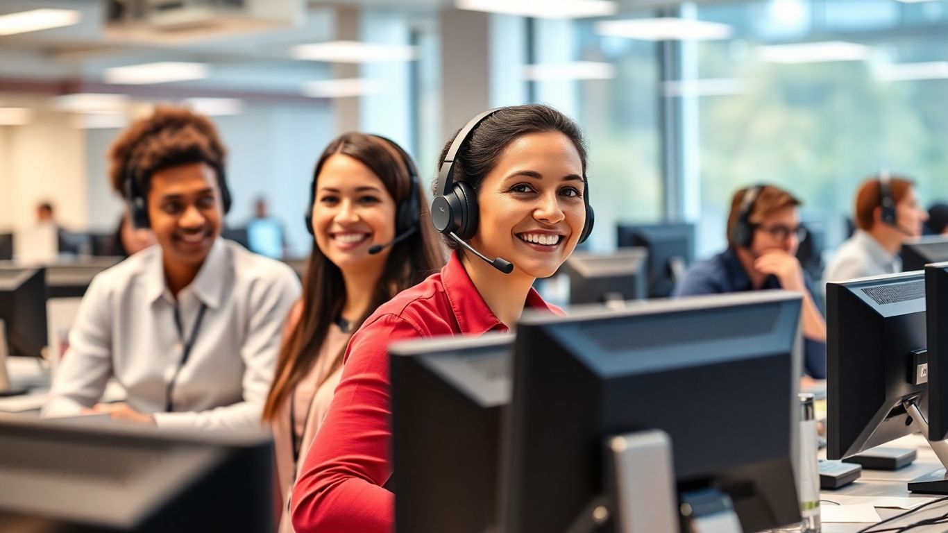 Customer support agents working at Verizon call center desks