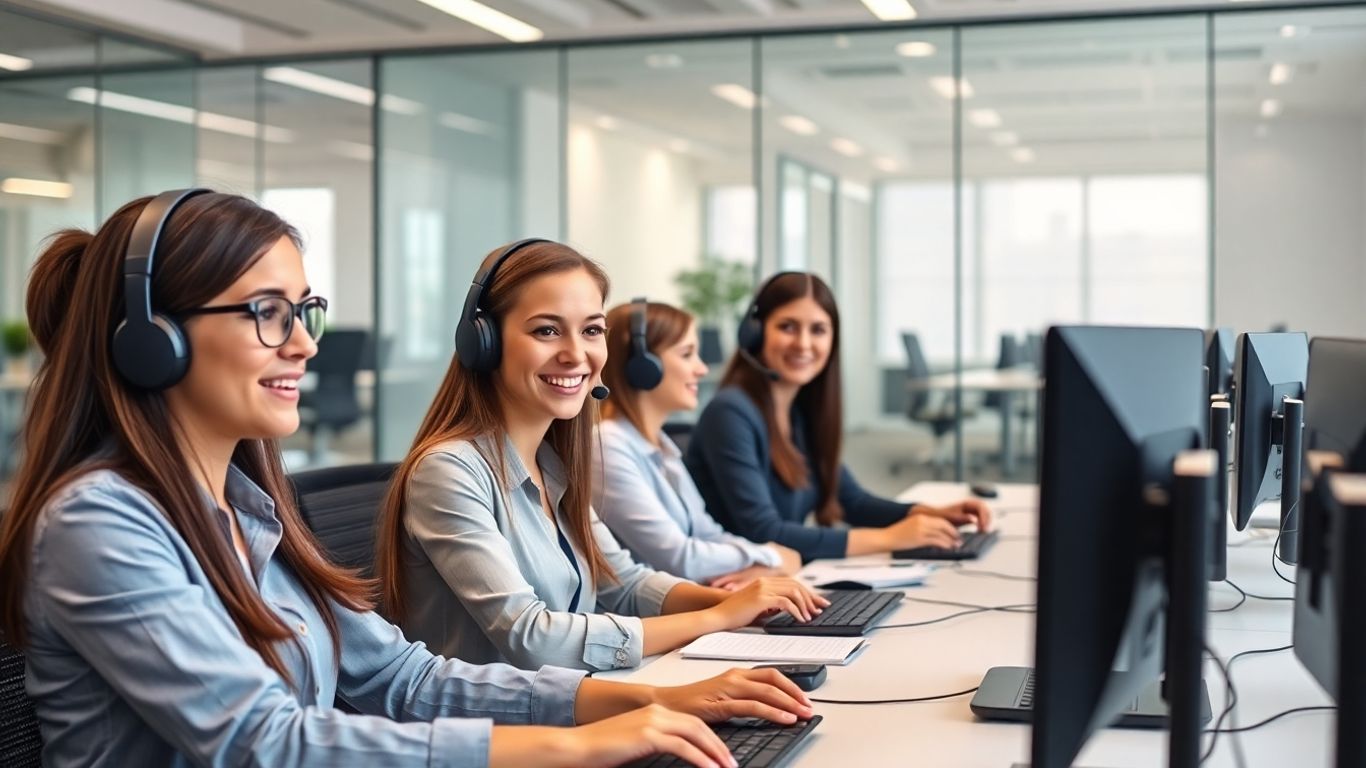 Customer service agents at Verizon call center desks