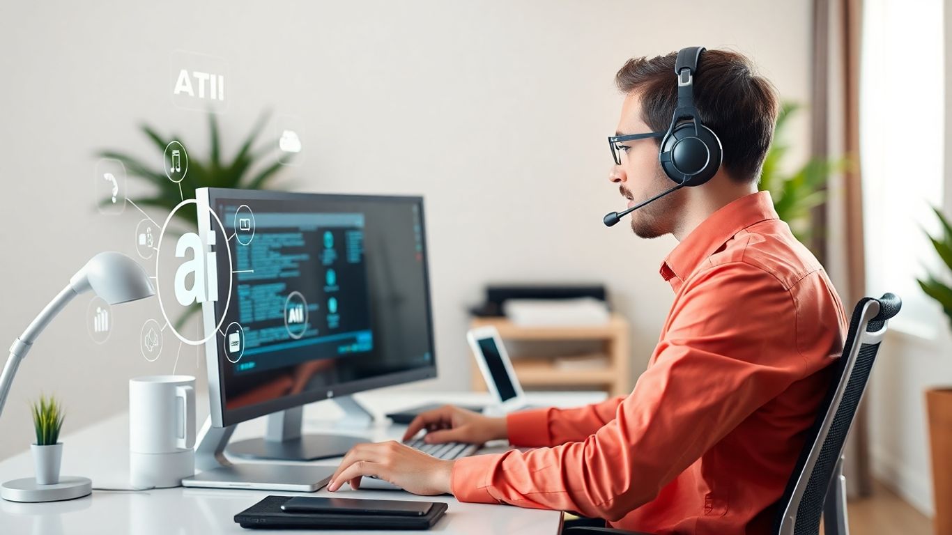 Freelancer with headset at tech-filled home office