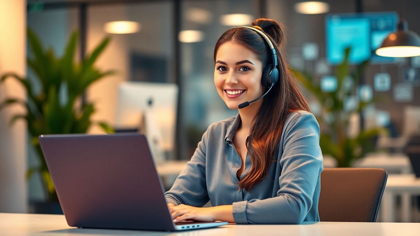 Confident woman at desk with headset and laptop