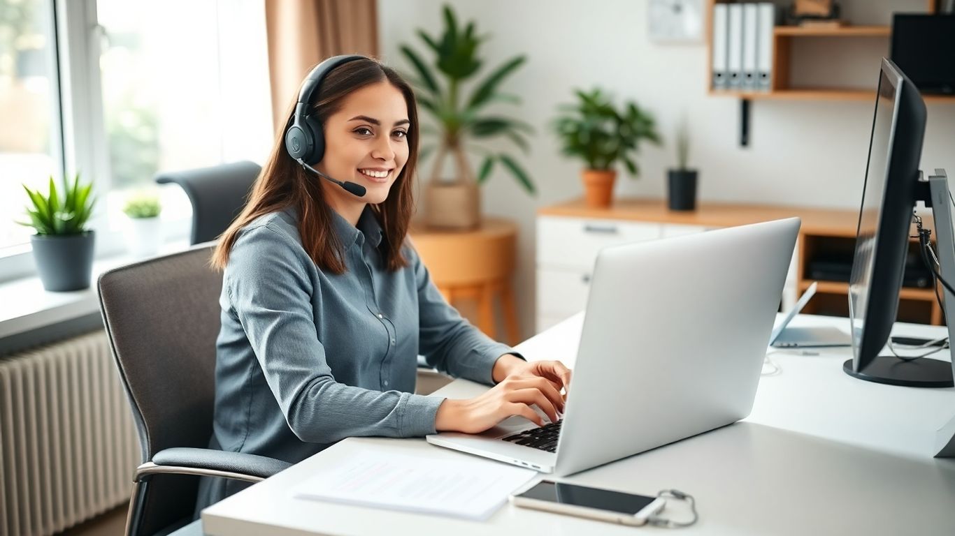 Person learning at home office for freelance call center.