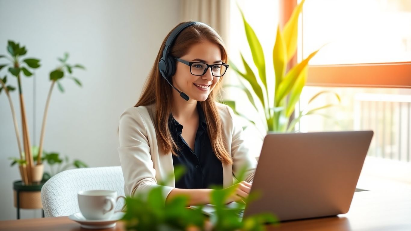 Remote call center agent working from home office