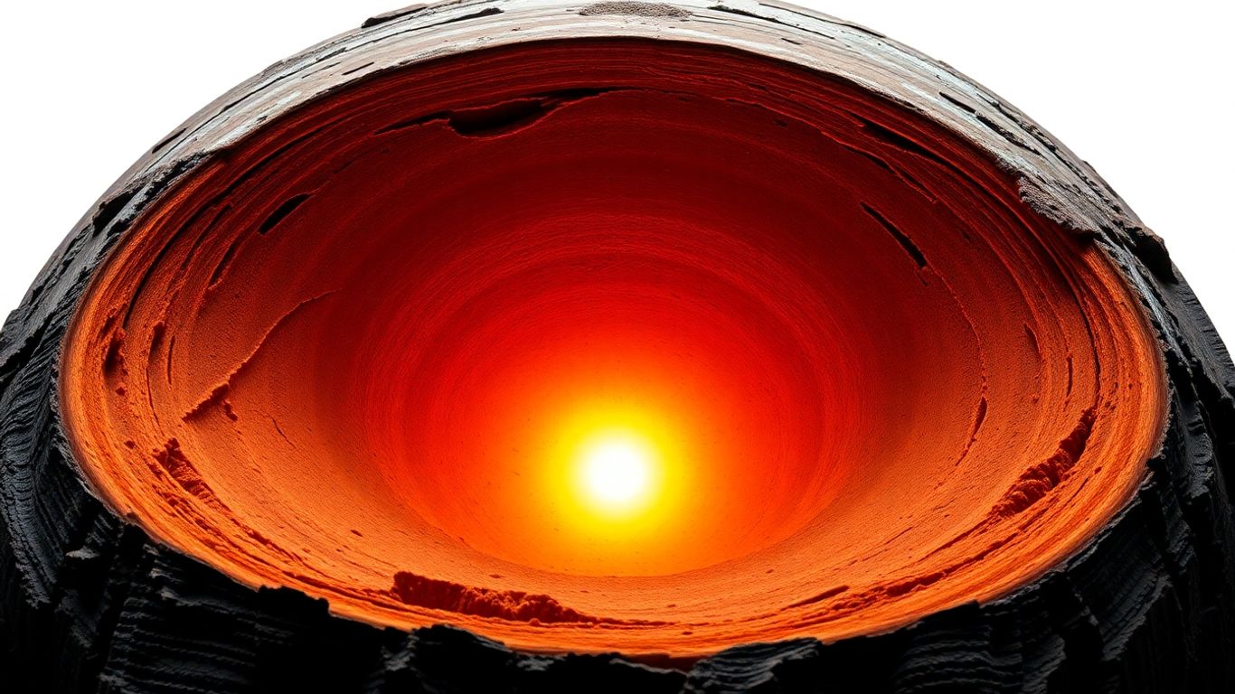Photographic cross-section of Earth revealing glowing inner core.