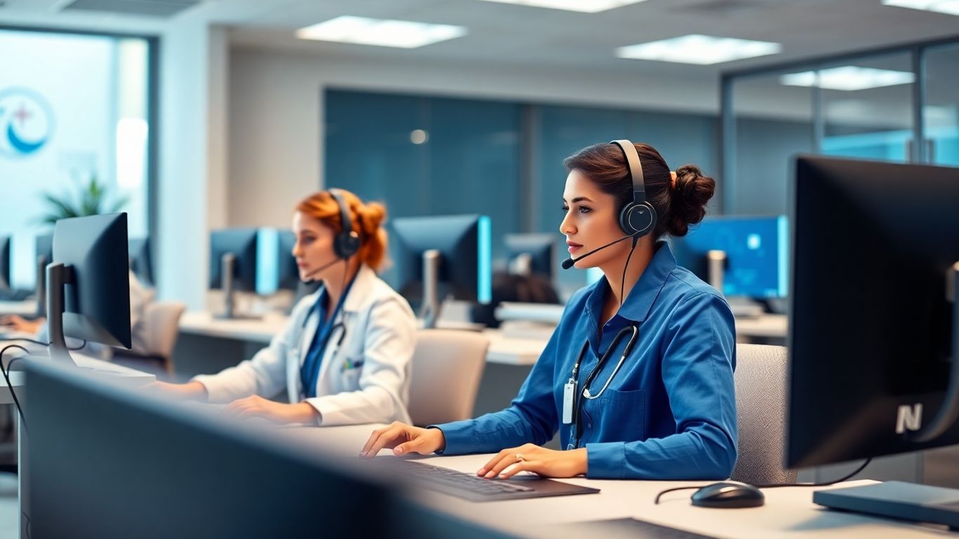 Healthcare call center with professionals wearing headsets