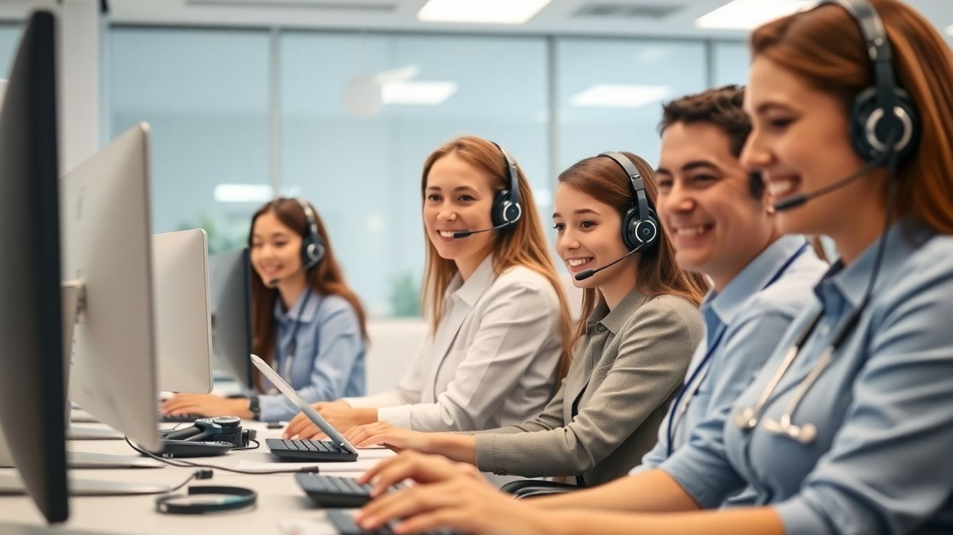 Healthcare call center agents at work in modern office