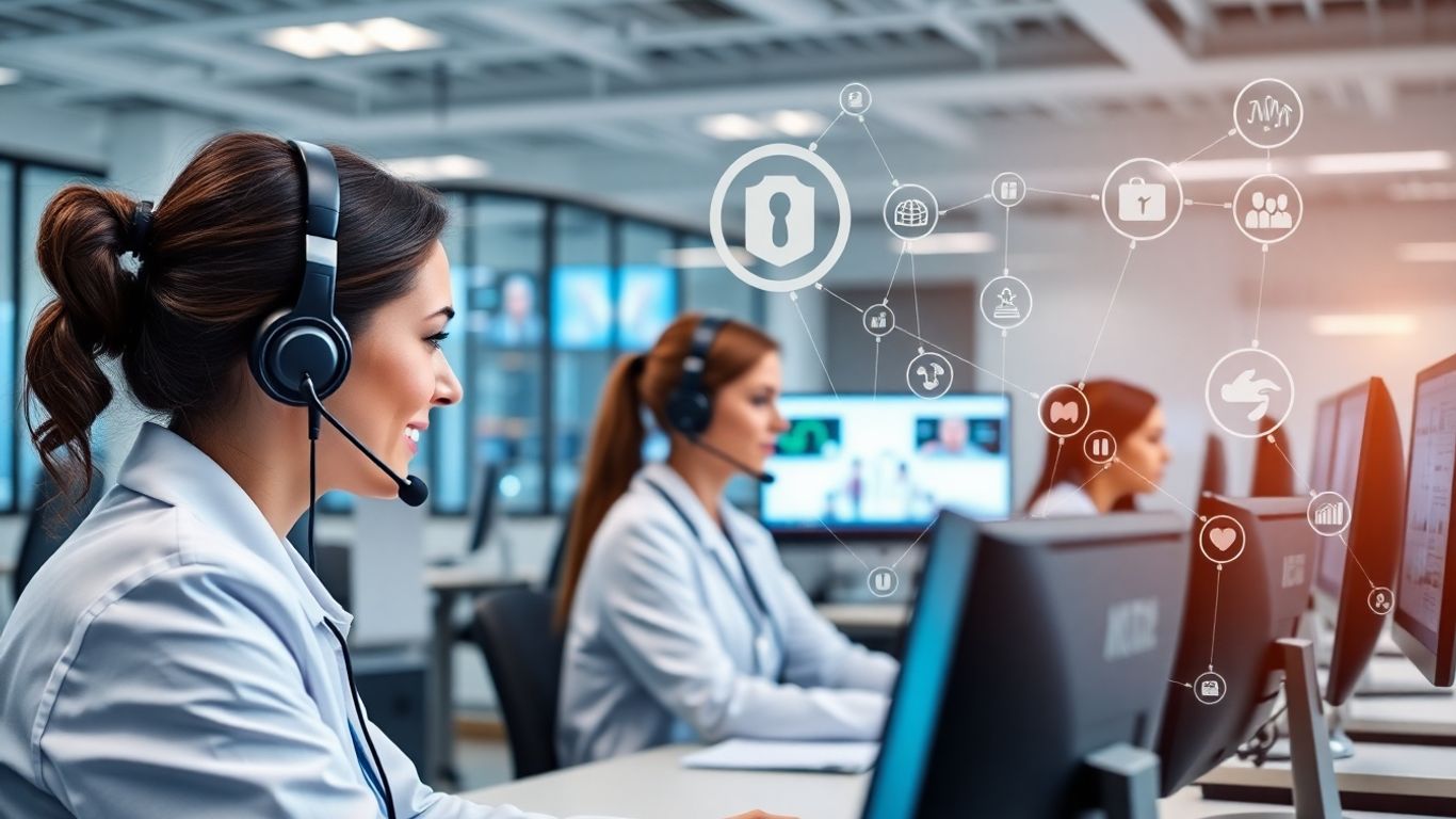 Healthcare call center agents at computers with digital connections