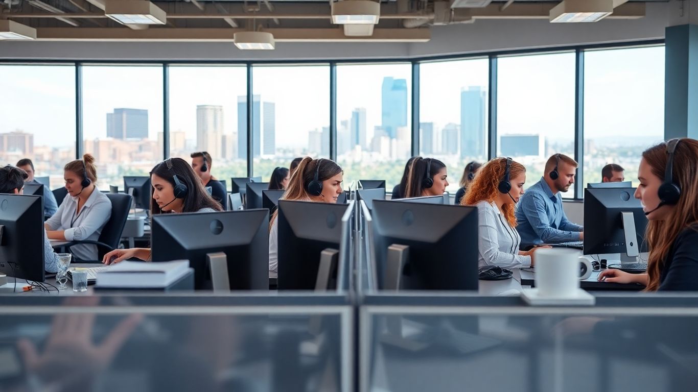 San Antonio call center agents at work near city skyline