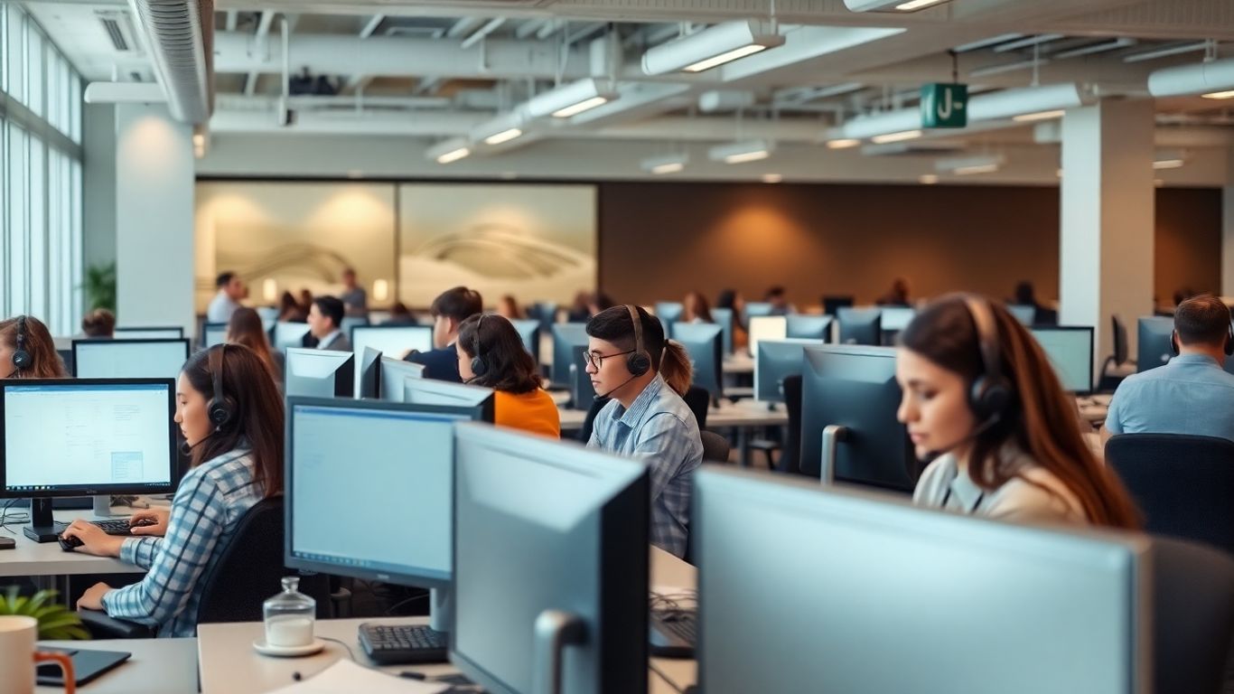 Busy Indianapolis call center agents working at desks