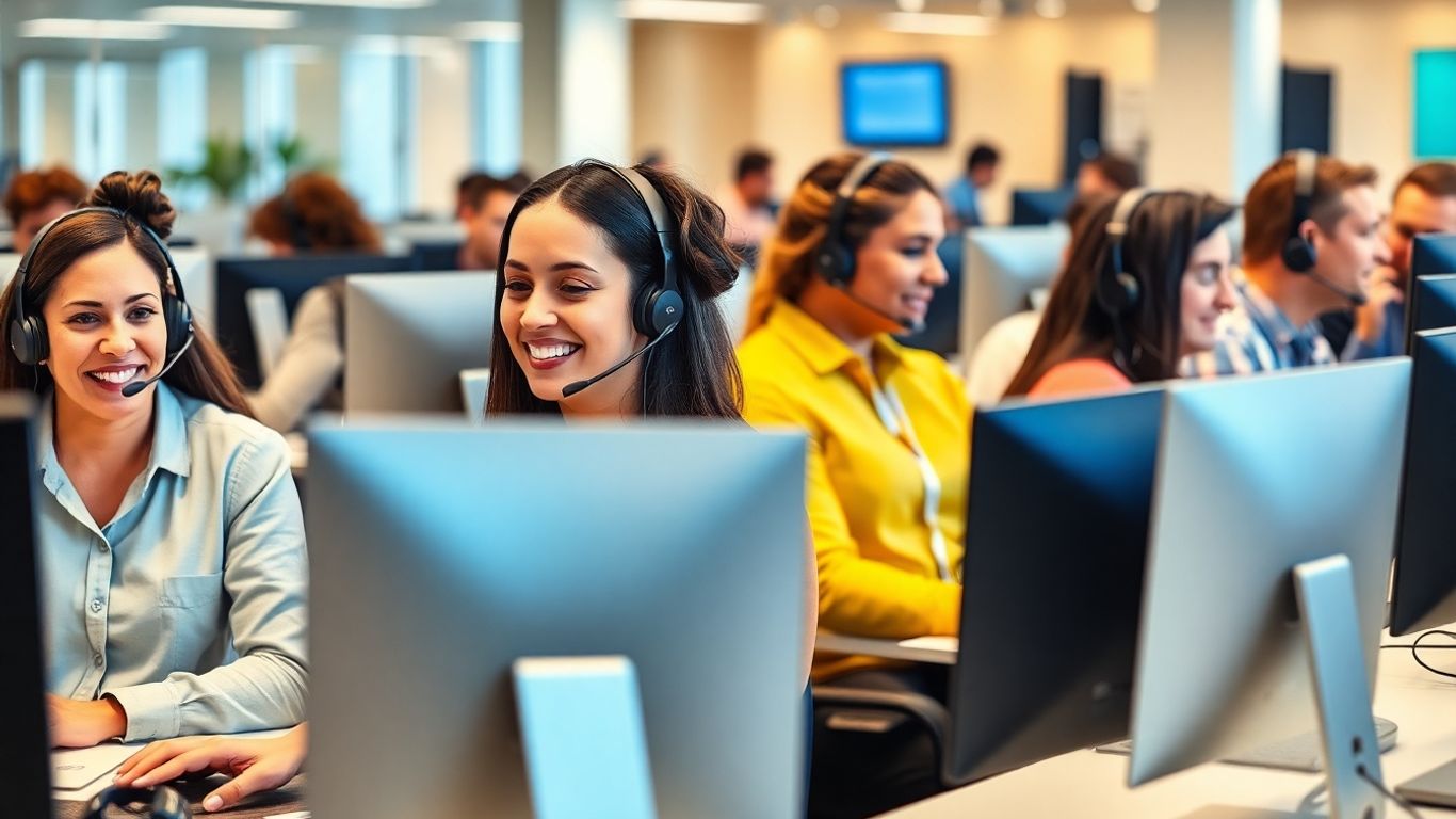 Indianapolis call center agents working with headsets and computers