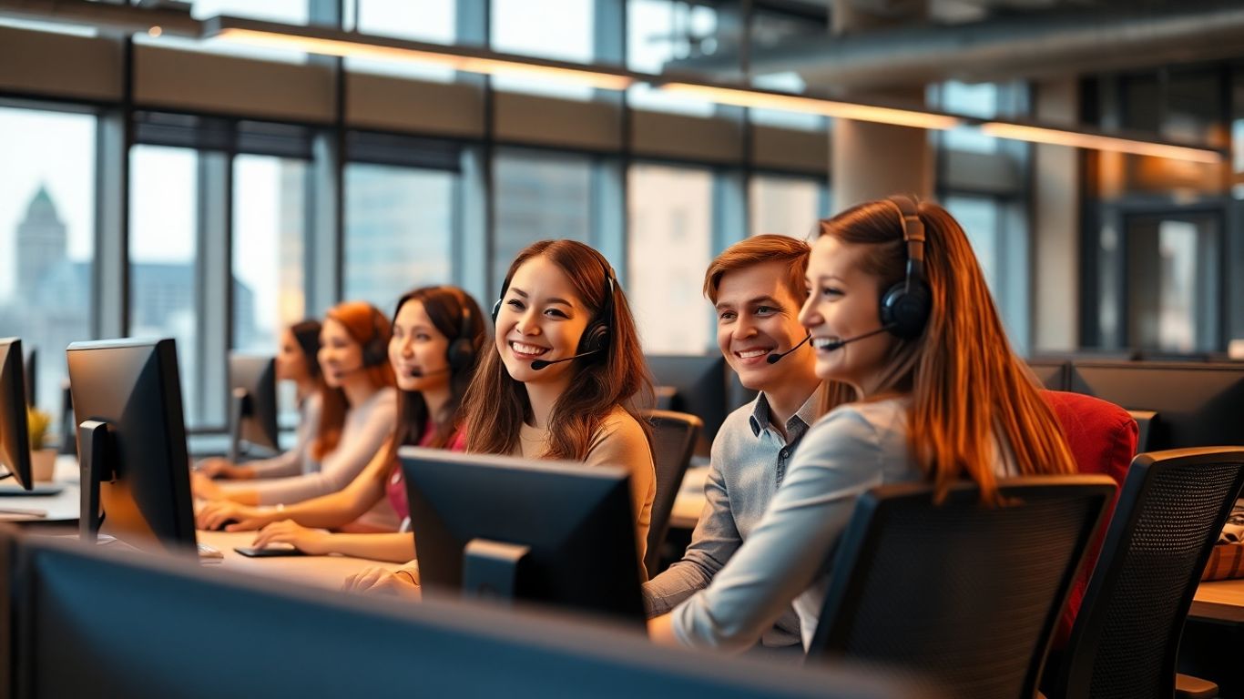 Indianapolis call center agents assisting customers at workstations.