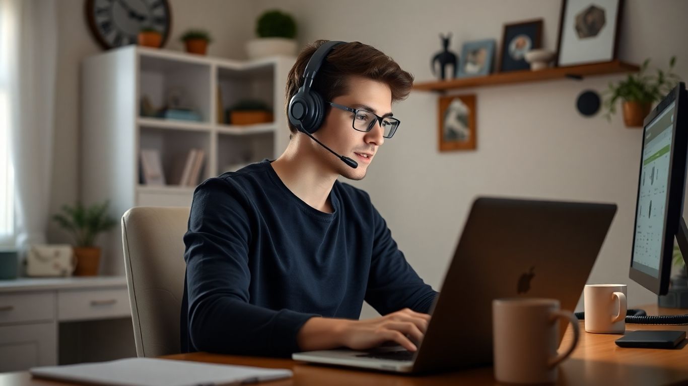 Person with headset working at home on laptop