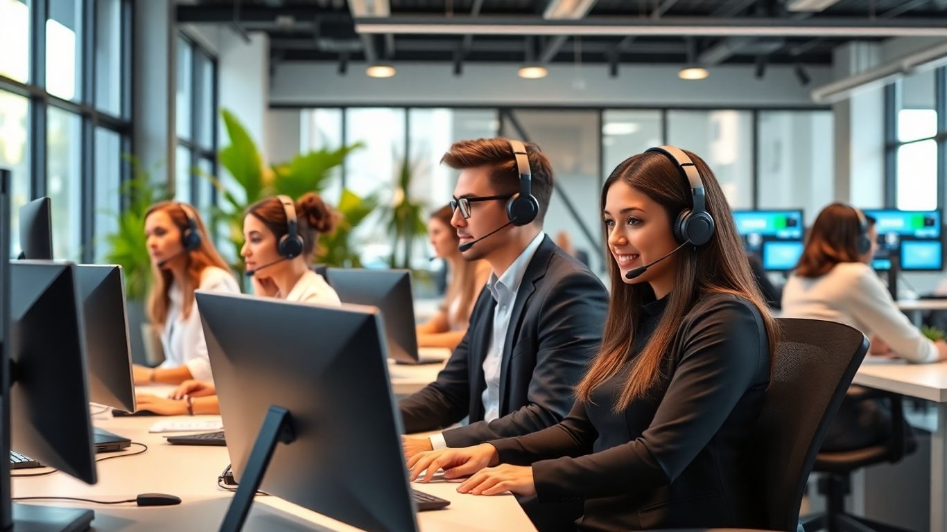 Modern call center team at workstations in bright office