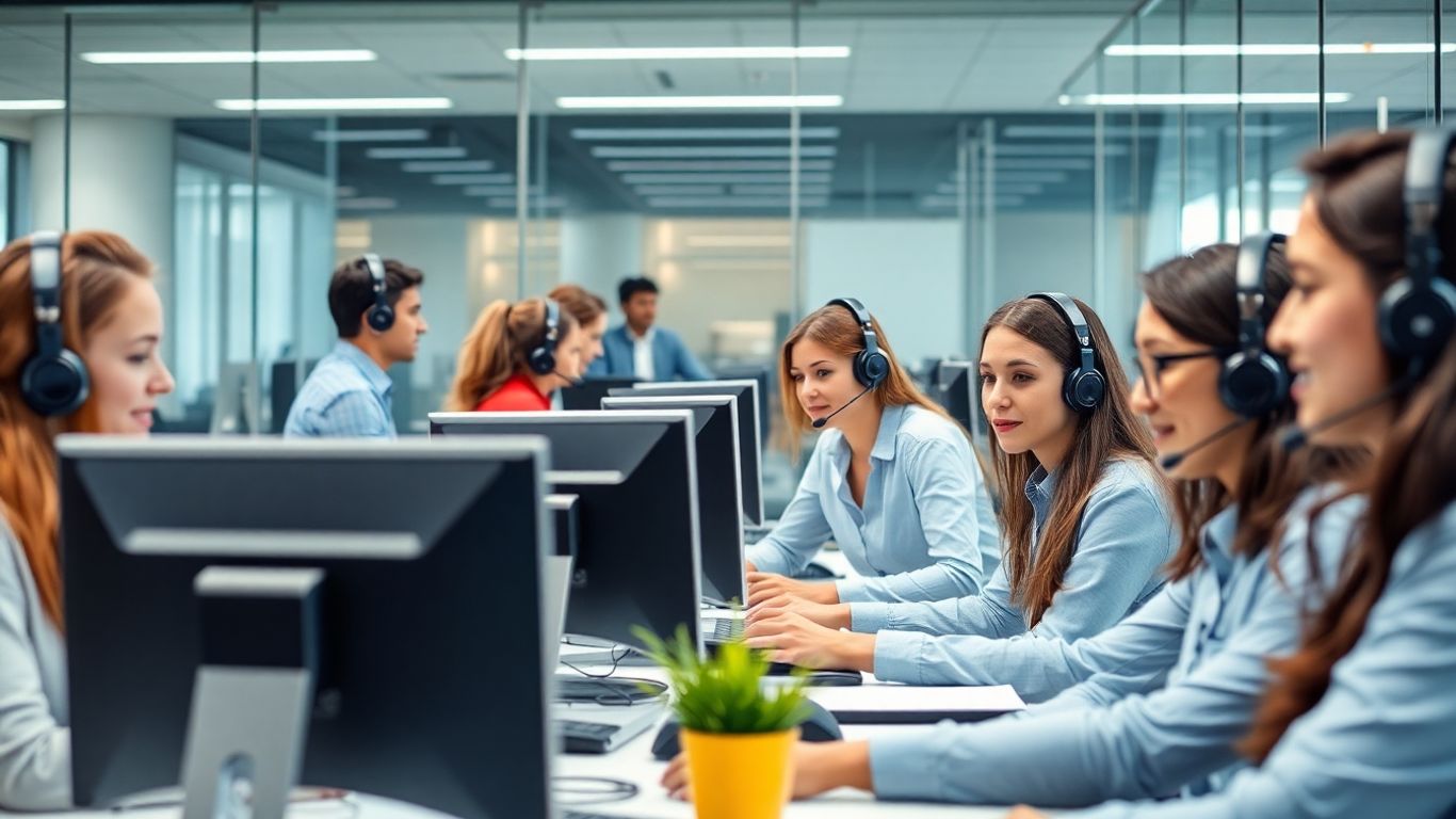 Busy call center office with headset-wearing agents.