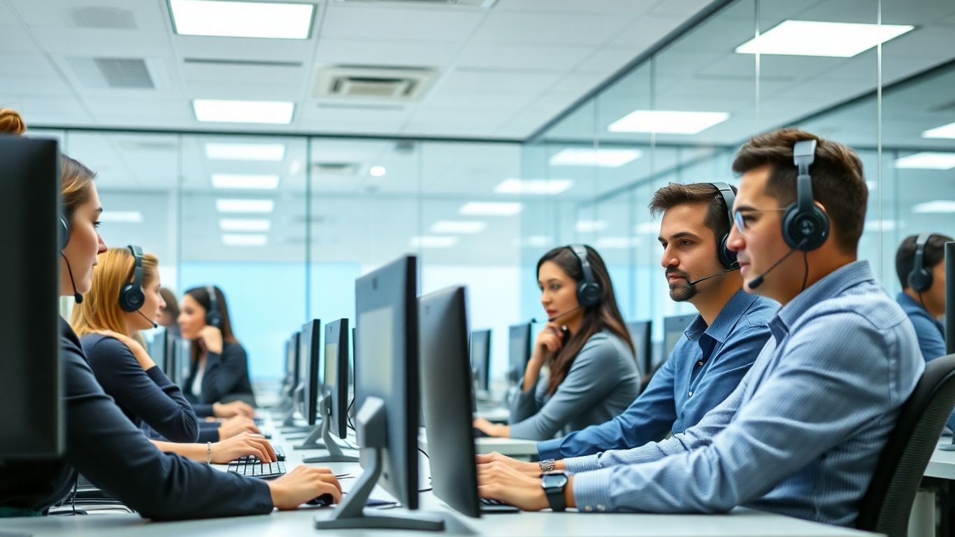Call center agents working in a modern office