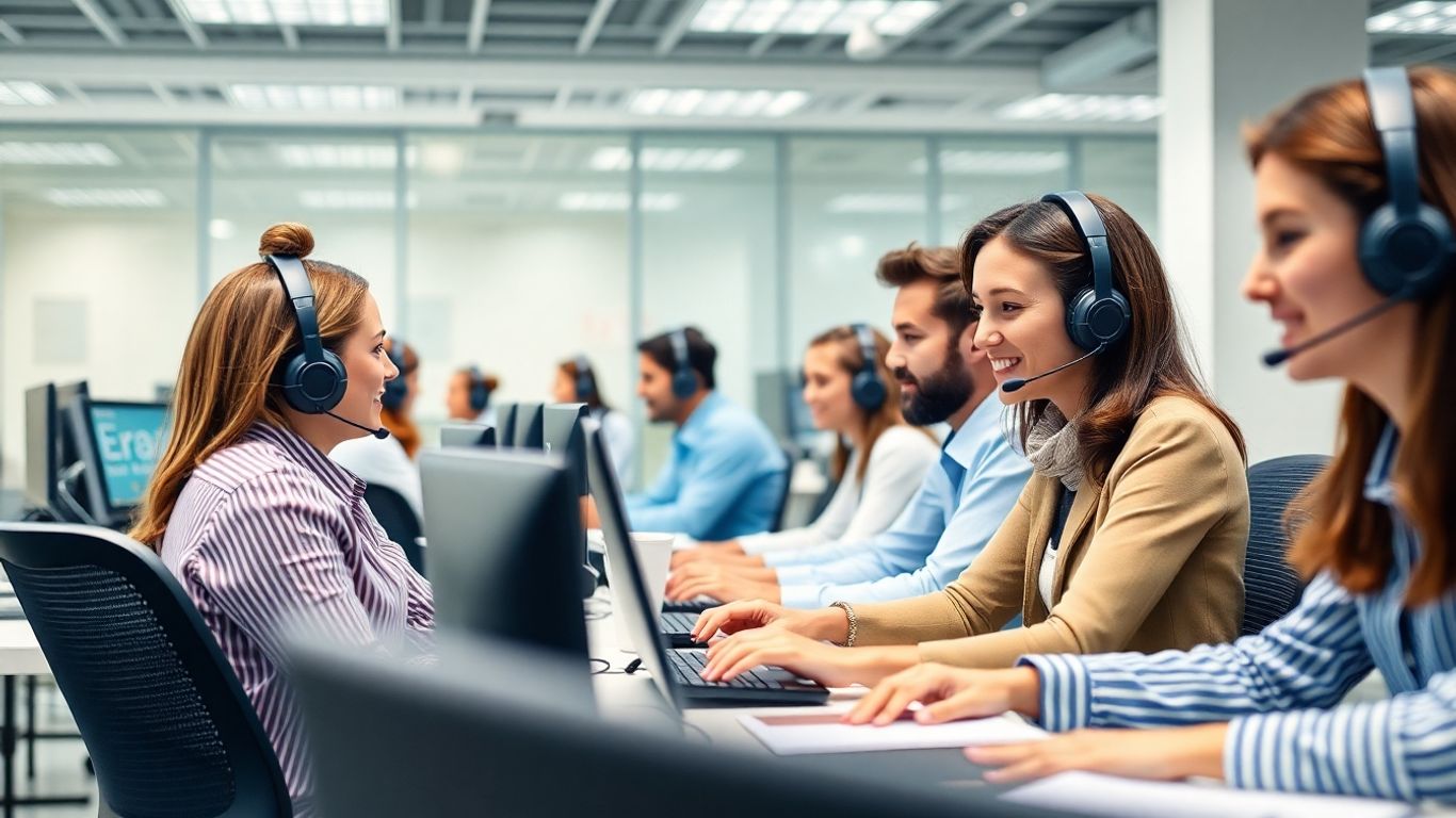Call center agents working in a modern office