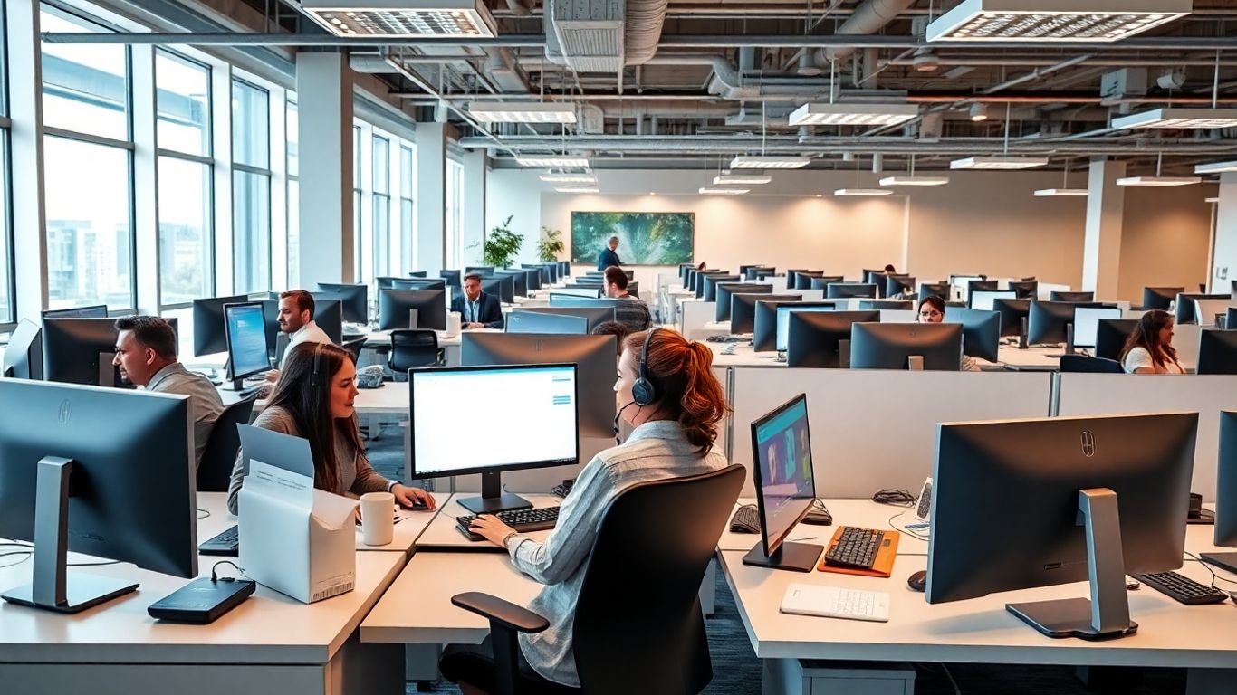 Modern call center office with agents and computers