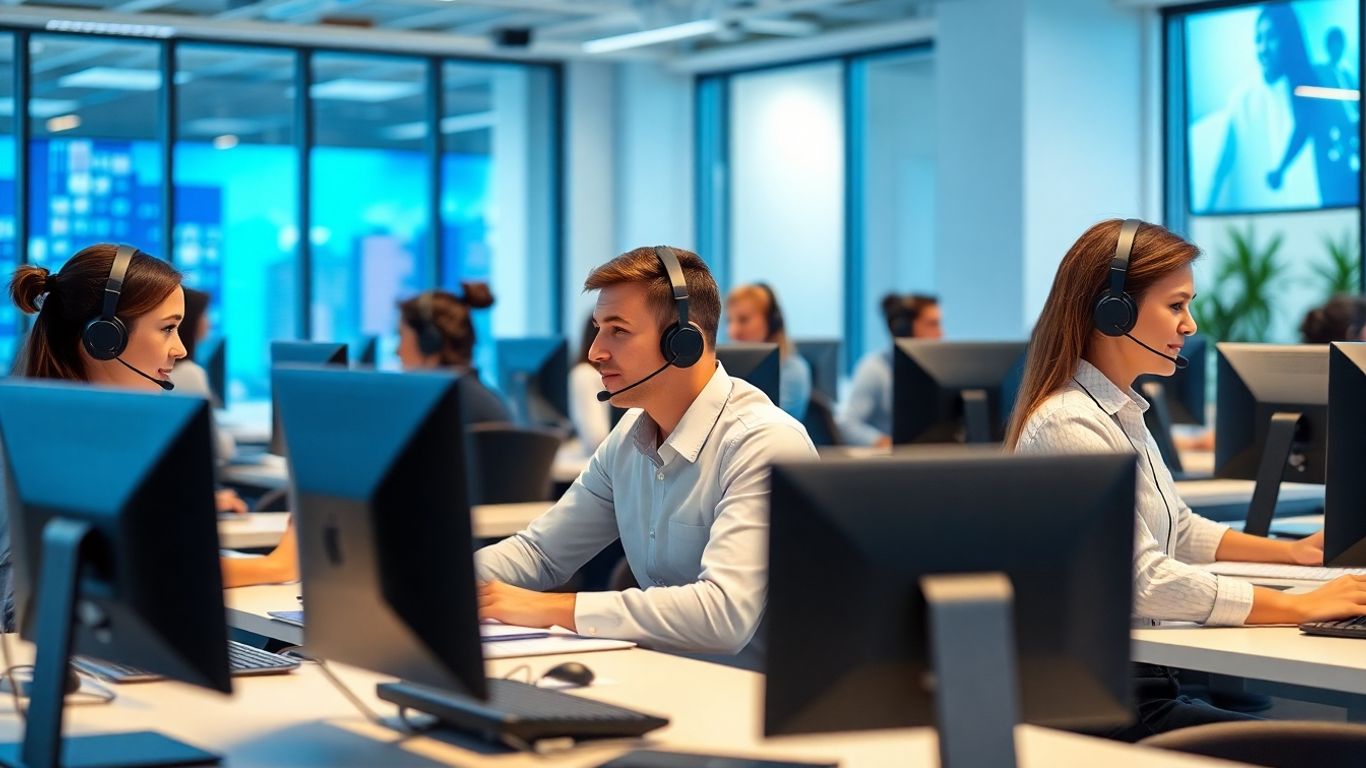 Modern call center team at work in office