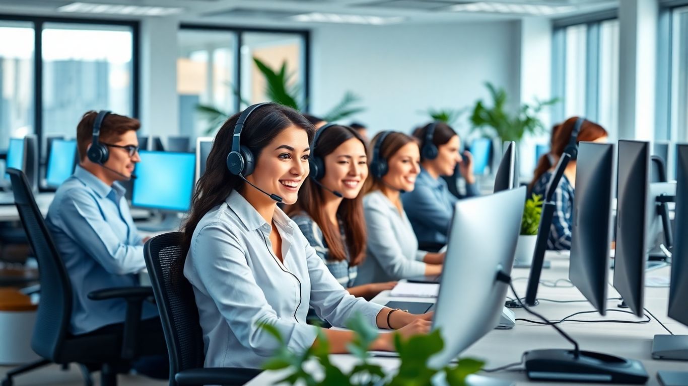 Photographic call center office with agents on headsets