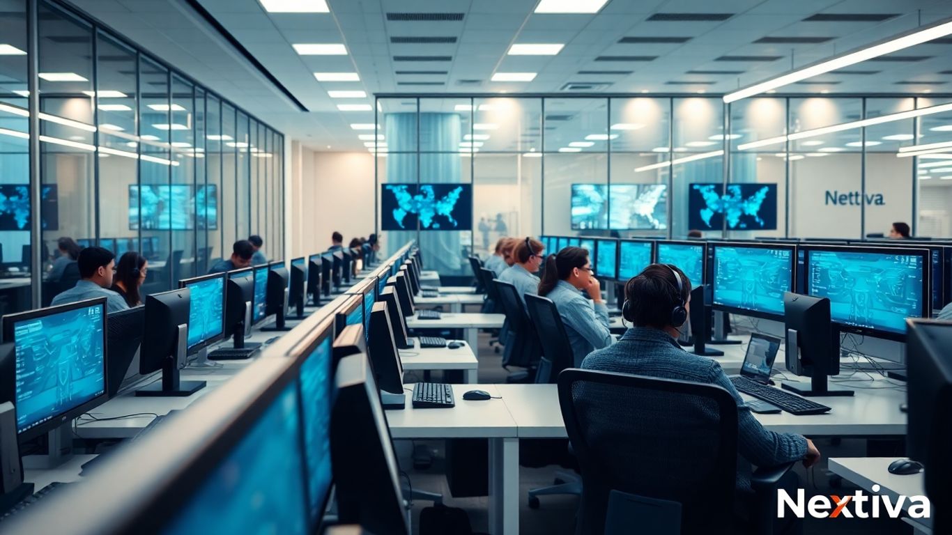 Modern call center agents working at computers