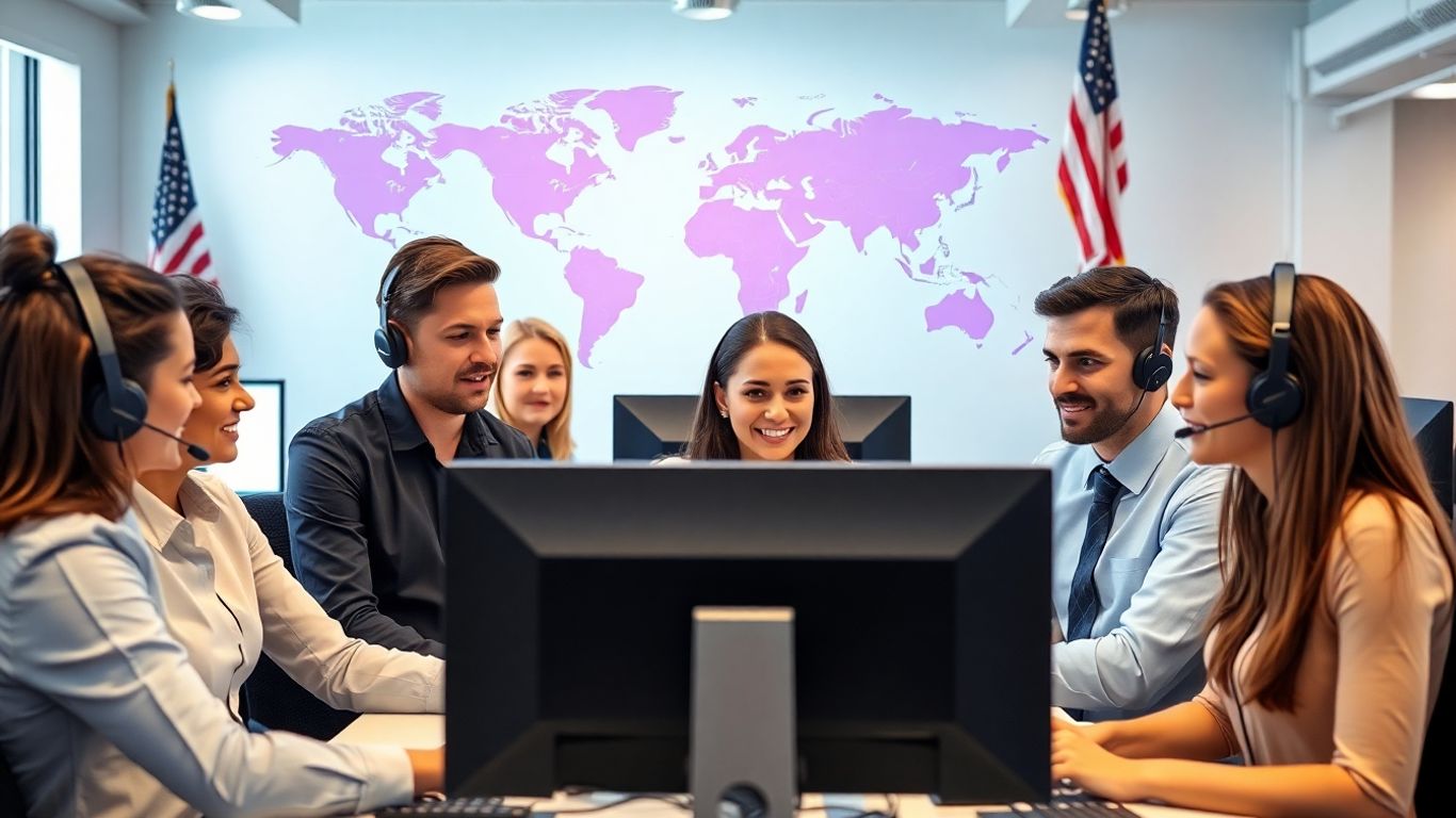 Business team in US call center with world map