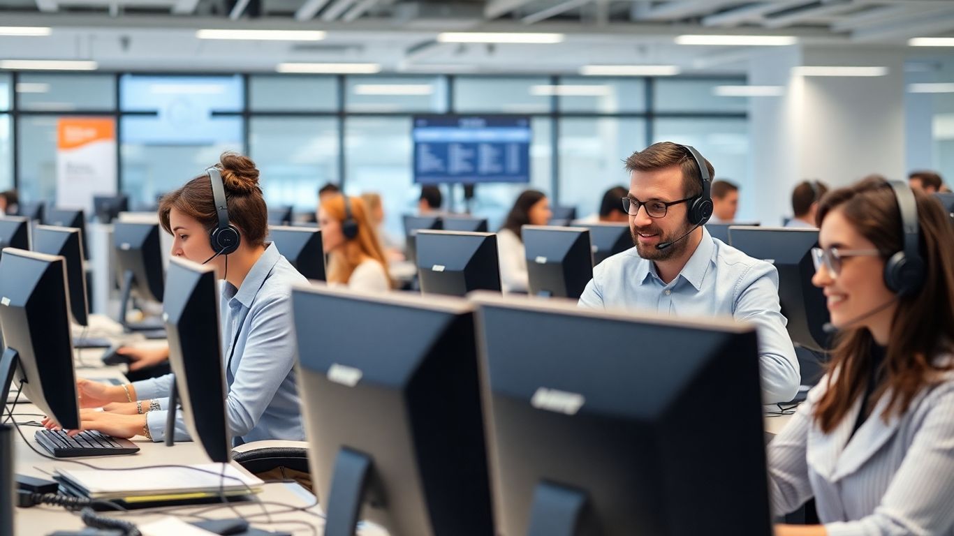 Busy modern call center with professionals on headsets working.