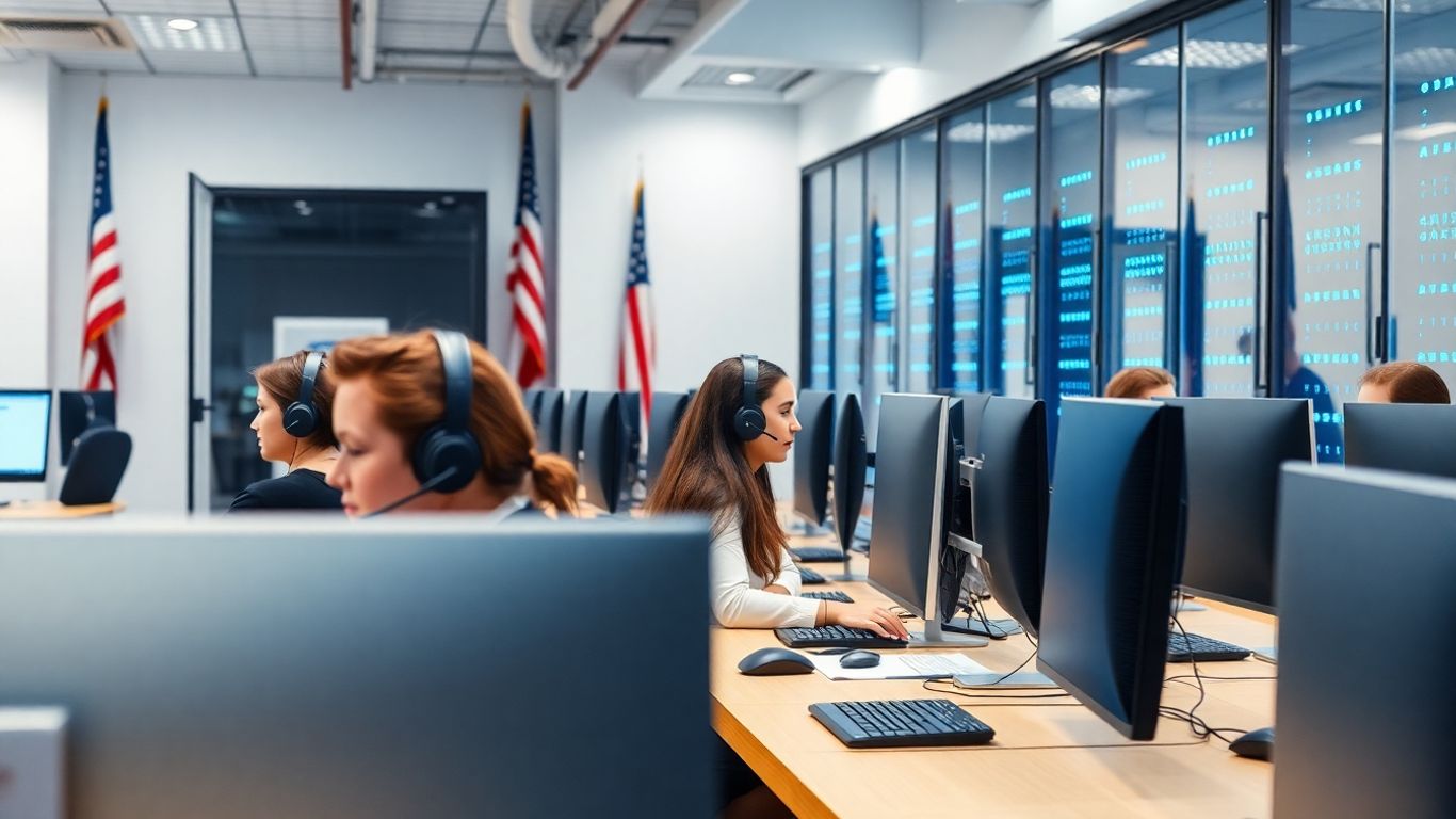 Call center agents in secure modern American office