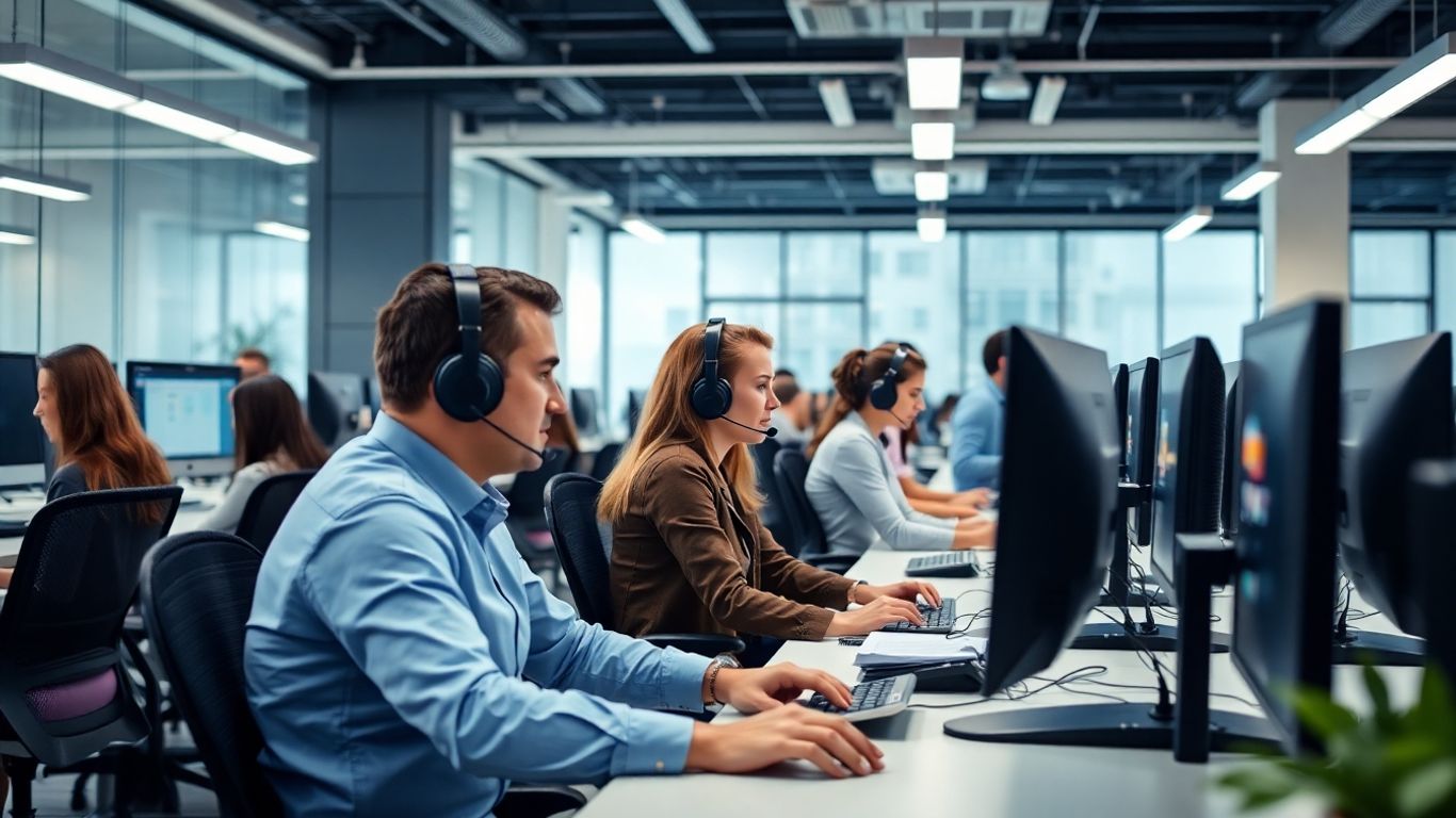 Call center agents working in a modern office environment.