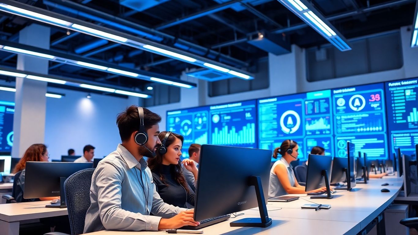 Modern call center agents with headsets and computers