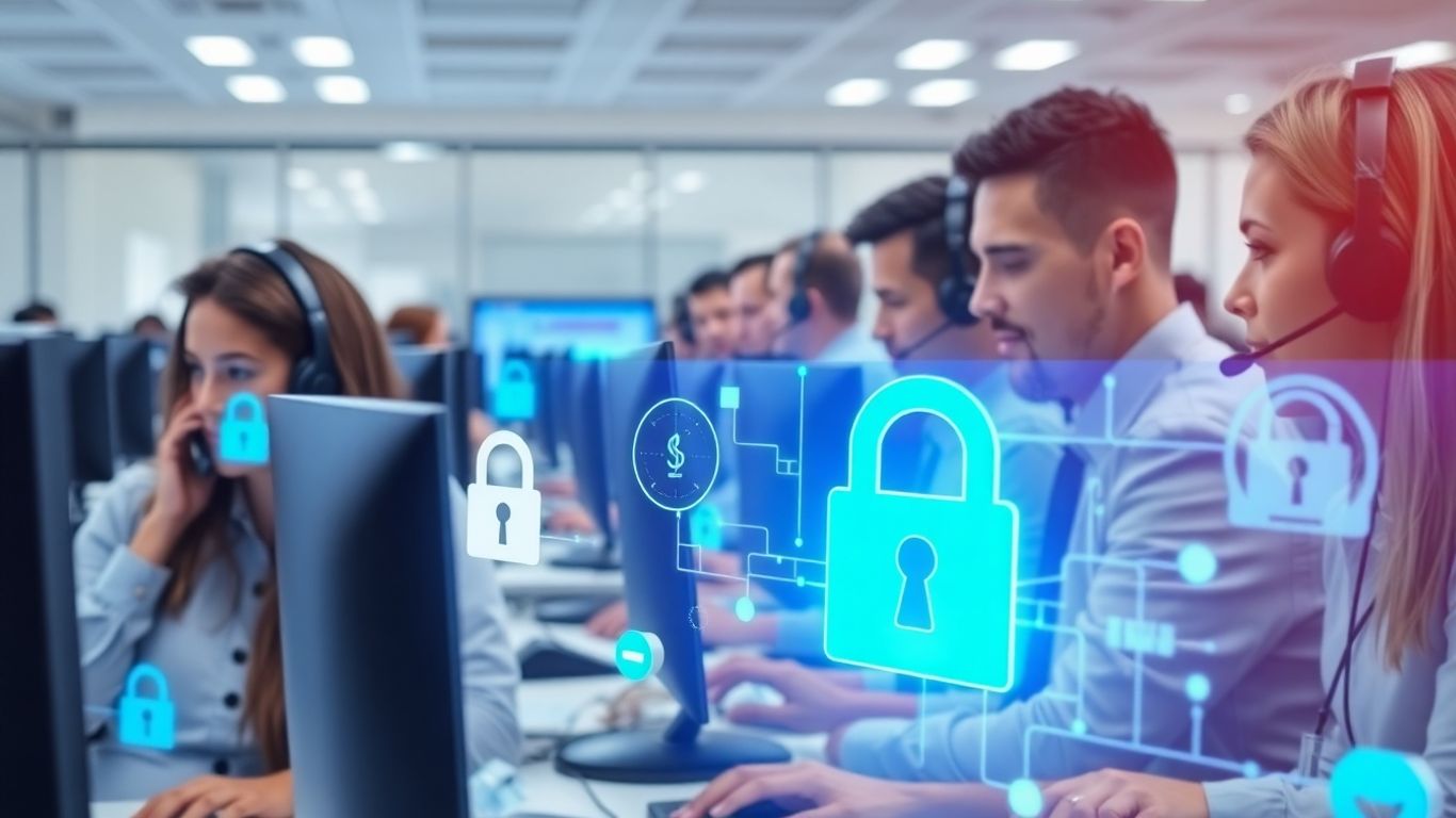 Call center team with security lock icons working