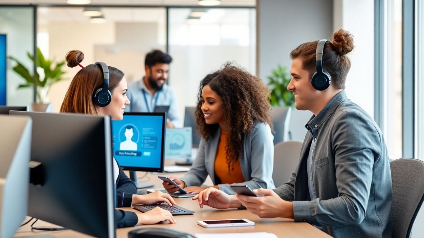 Small business team using AI voicemail in call center.