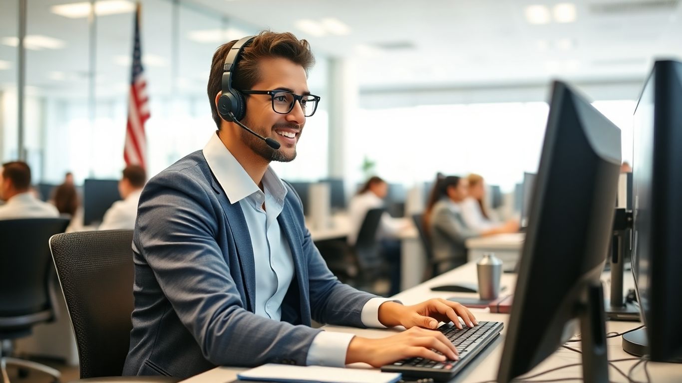 Call center agent at workstation in busy US office