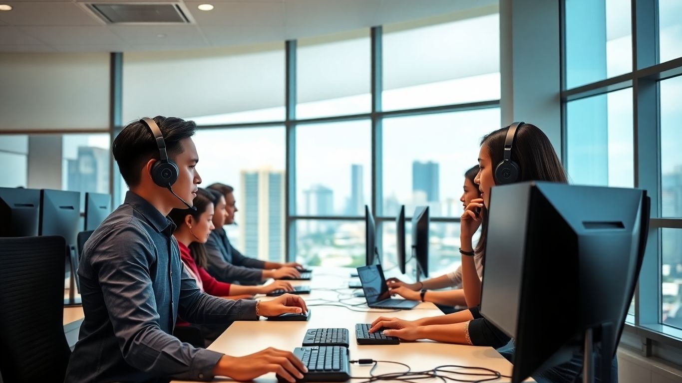 Filipino call center agents at computers in office.