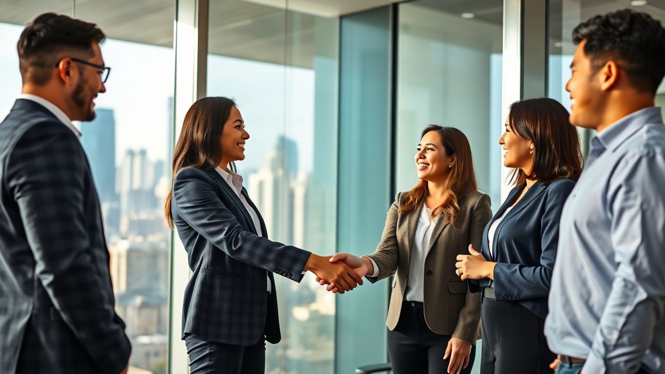 Business professionals handshake in Philippine office setting