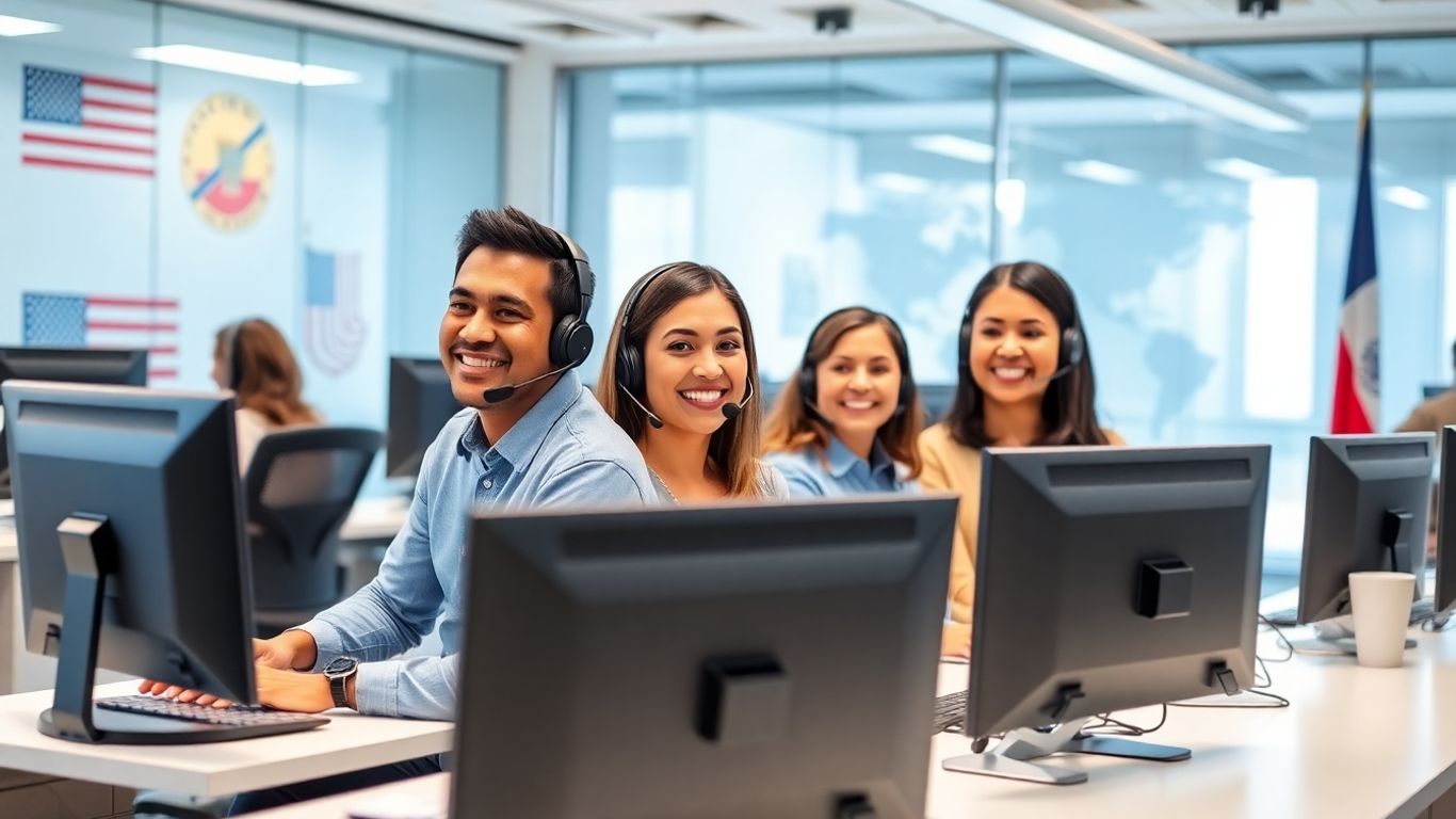 Latin American call center agents assisting clients in office