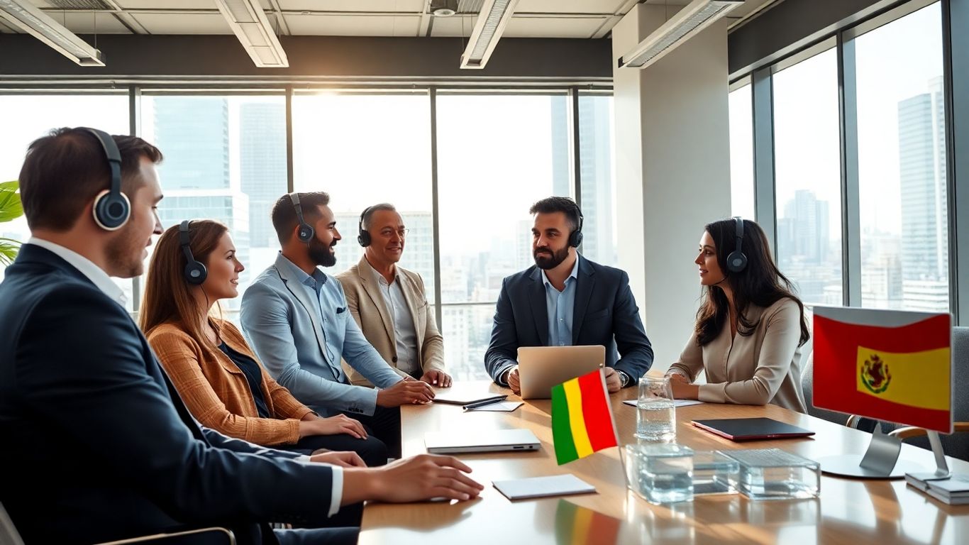 Business team in office with Latin American flags