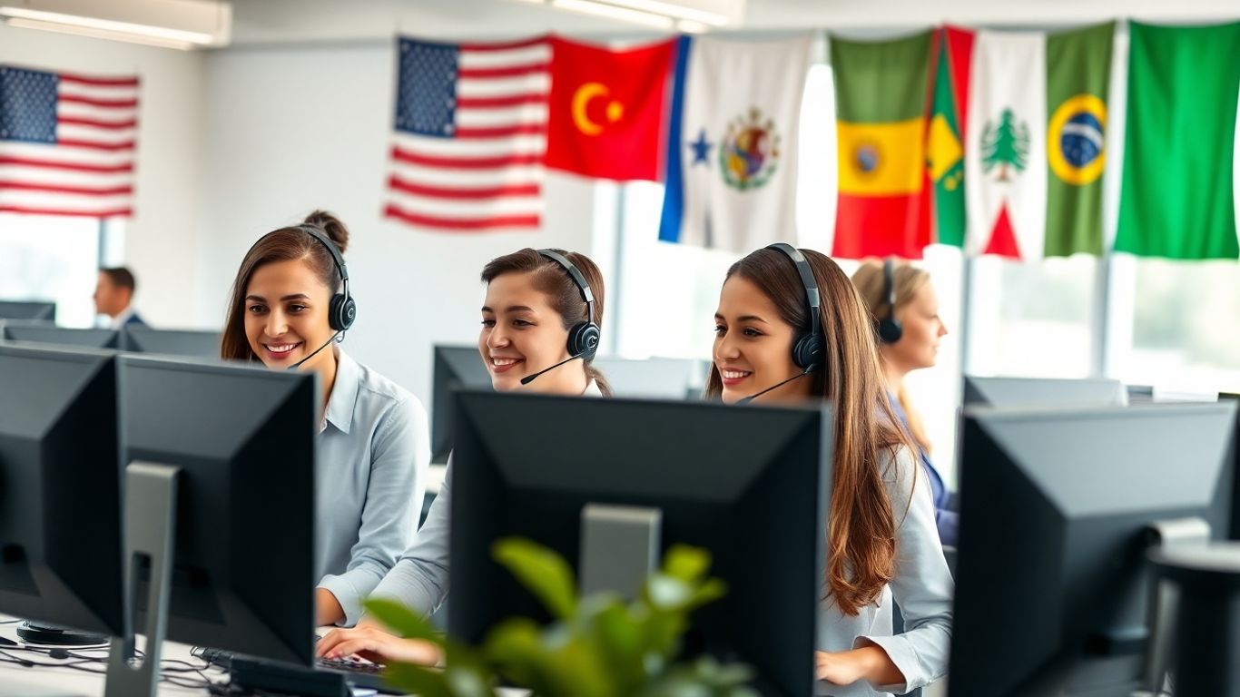 Latin American call center agents in modern office USA