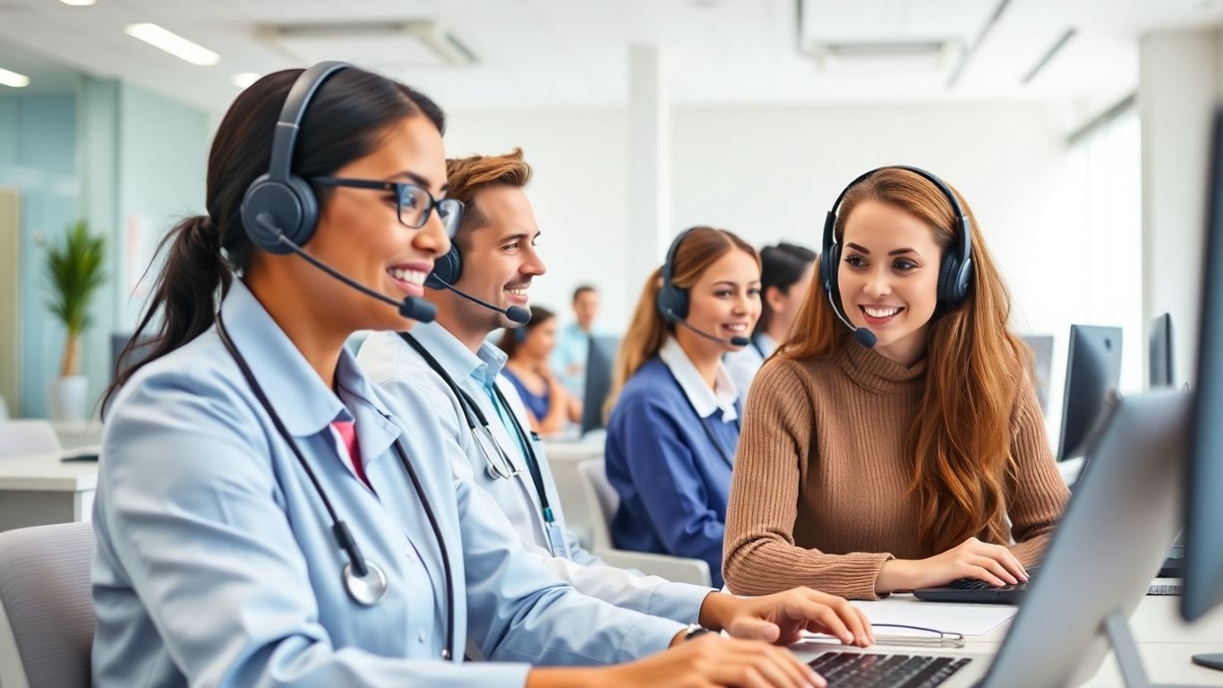 Medical call center staff assisting patients by phone
