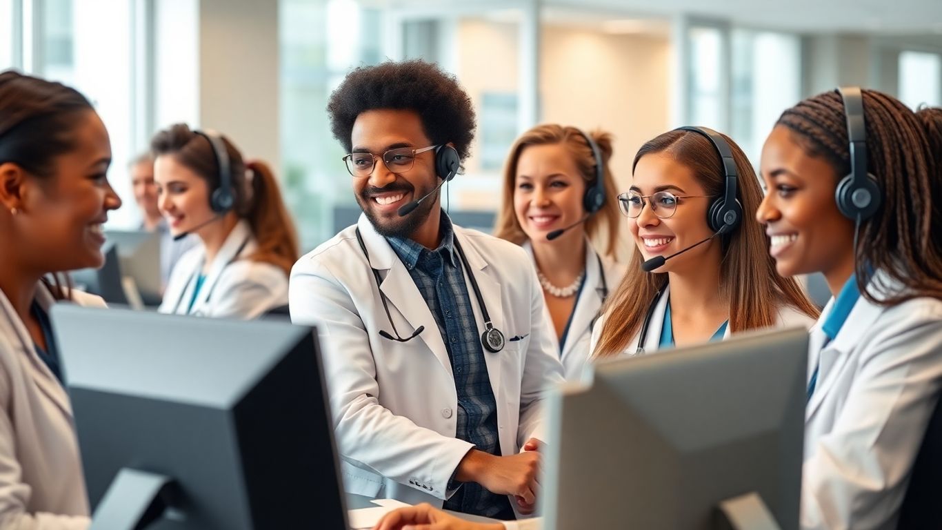 Multicultural medical call center team assisting patients