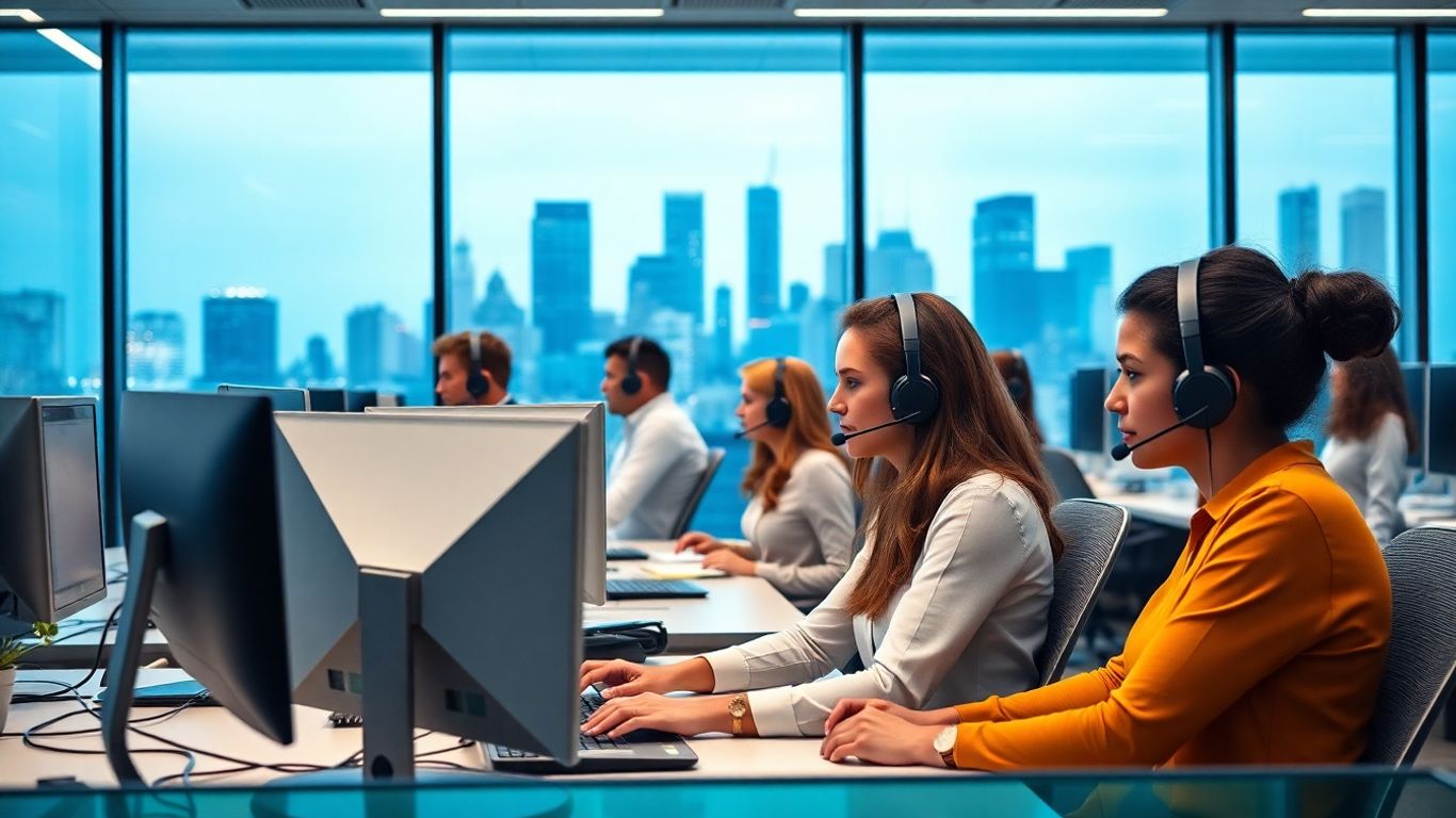 Diverse agents at modern US call center office