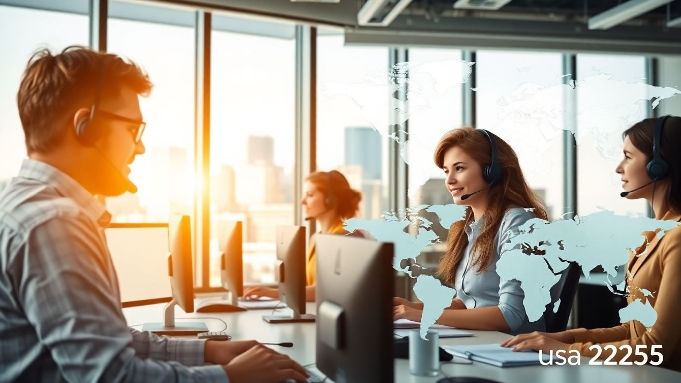 Modern US call center with diverse agents and global map