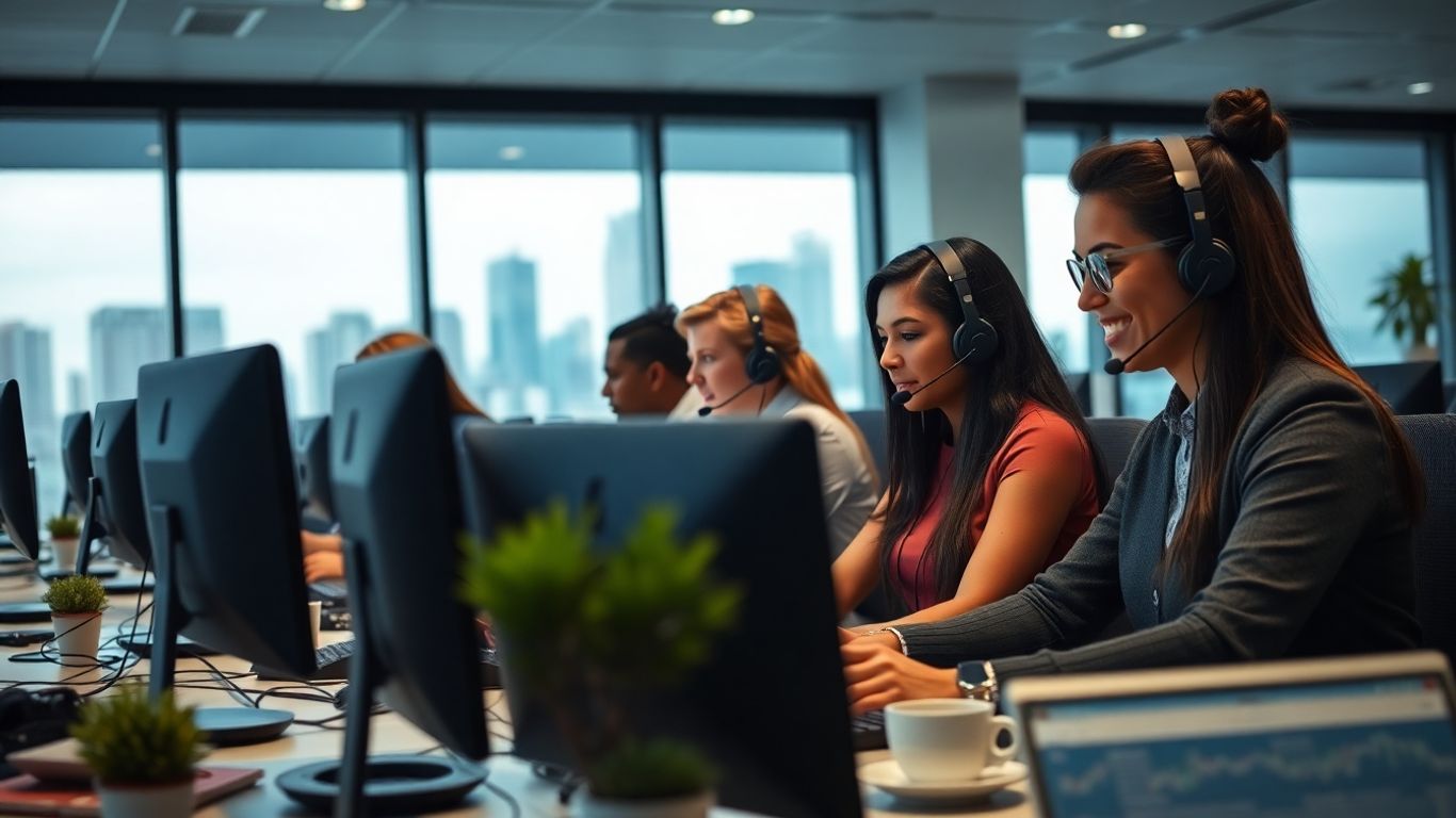 Call center agents working in a modern American office.